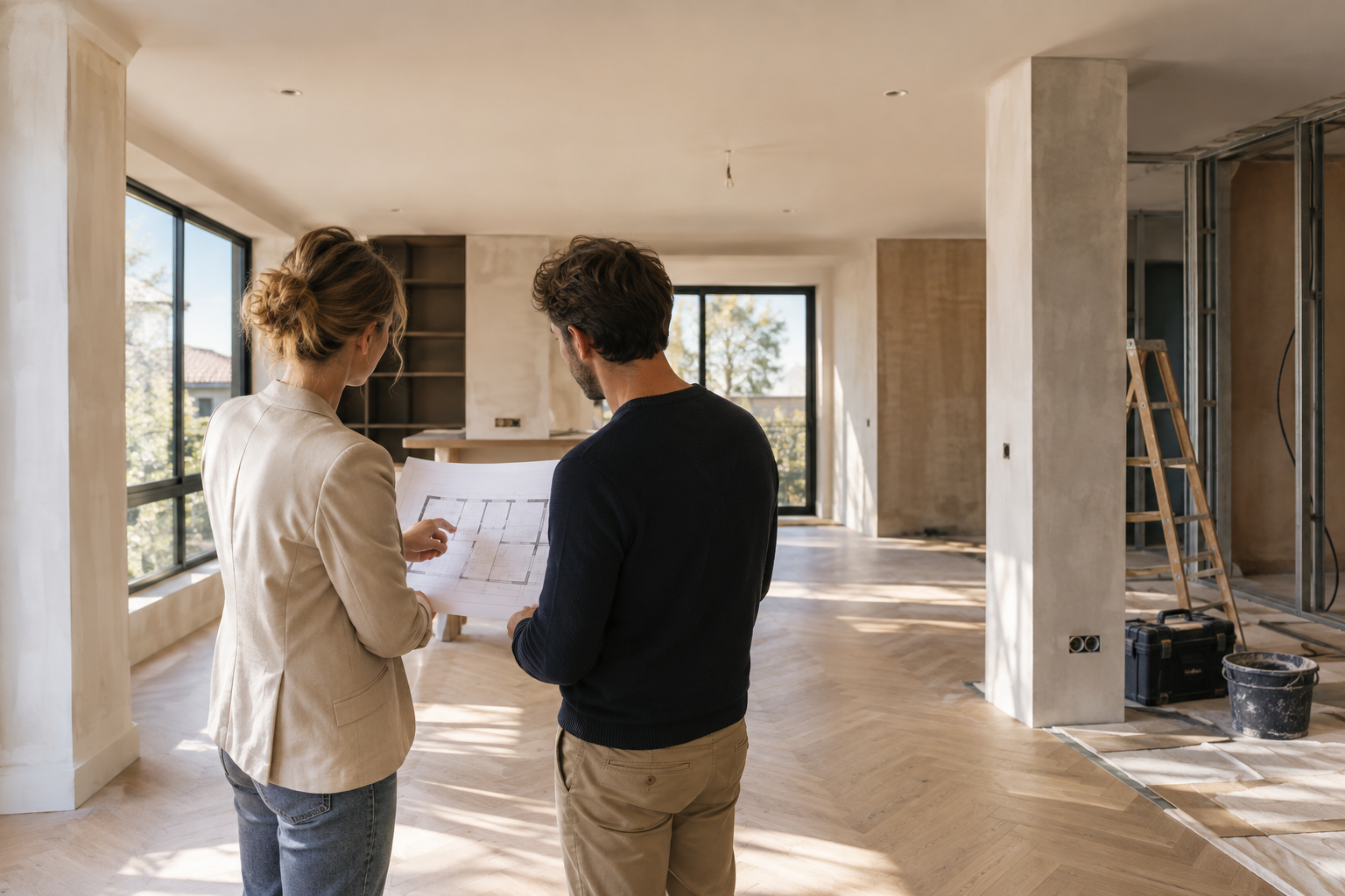 Professionnels en visite sur un chantier de rénovation pour préparer les travaux