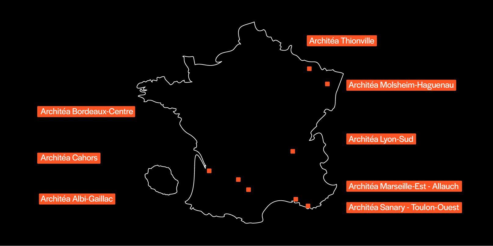 Carte des 8 nouvelles implantations Architéa en 2024